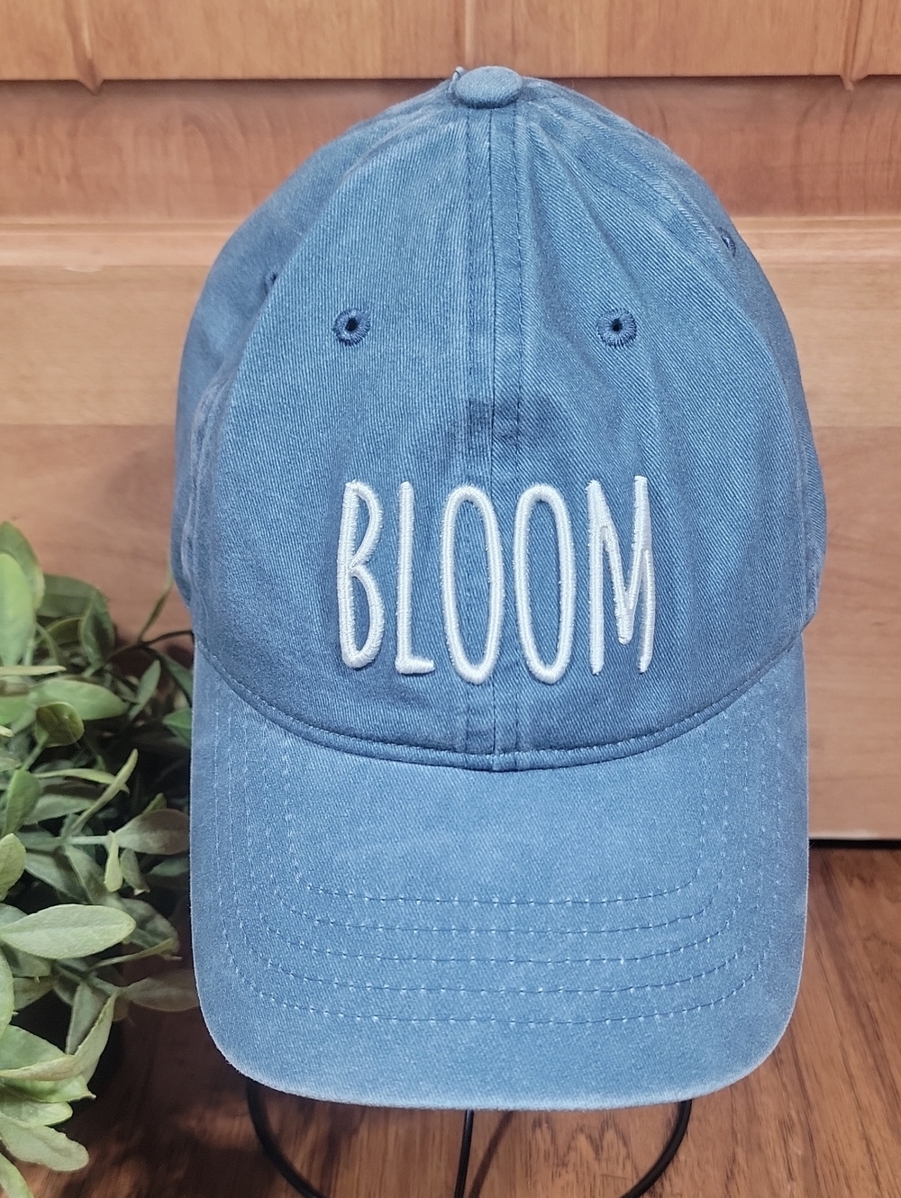 BLOOM Embroidered Stonewashed Denim Baseball Cap -